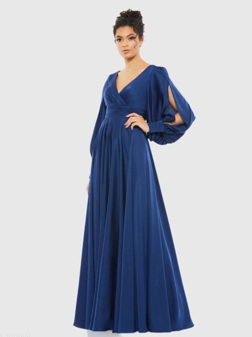 Mac Duggal Royal Blue V-Neck Maxi Gown with Draped Sleeves